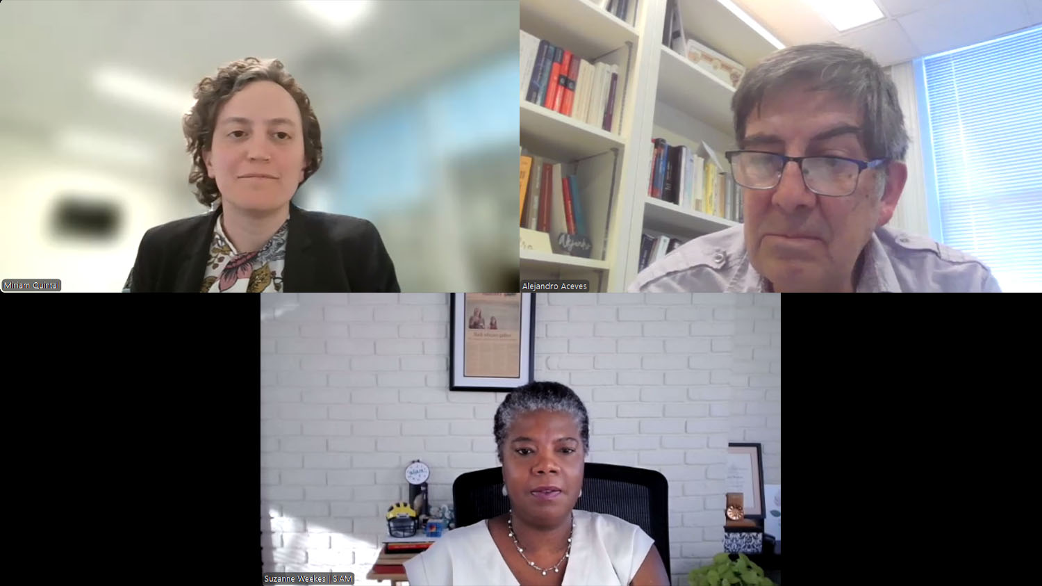 In March, the SIAM Webinar on U.S. Federal Actions addressed the current administration’s impact on research and science policy. Clockwise from top left: Miriam Quintal of Lewis-Burke Associates LLC, SIAM Vice President for Science Policy Alejandro Aceves of Southern Methodist University, and SIAM Chief Executive Officer Suzanne Weekes.