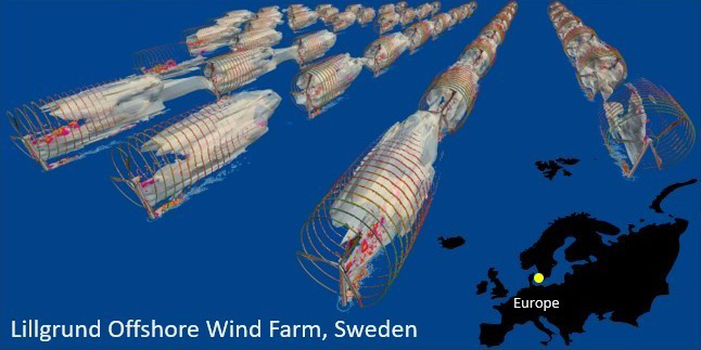 &lt;strong&gt;Figure 4.&lt;/strong&gt; Our Lillgrund Wind Farm simulation uses WAKE3D on 22,464 central processing unit cores that are composed of 1.55 billion degrees of freedom. Figure adapted from [6].