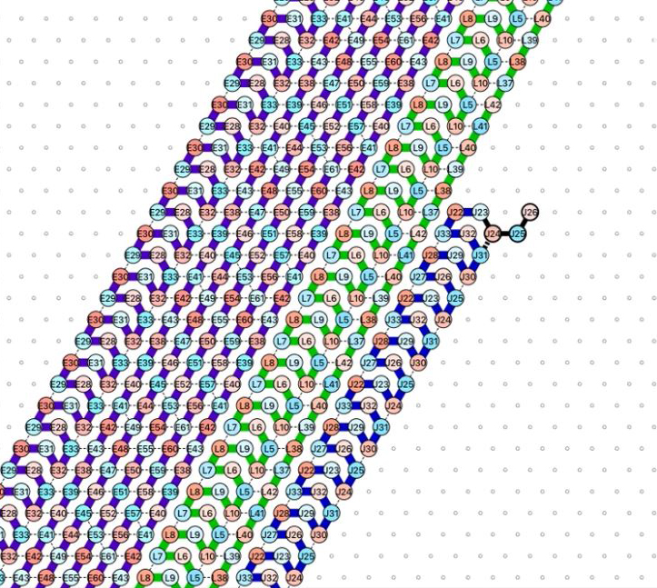 <strong>Figure 3.</strong> Glider, a delay-3 oritatami system folding a rigid directional structure motif. <a href="http://www.dailymotion.com/video/x3cdj35">View the complete animation</a>.