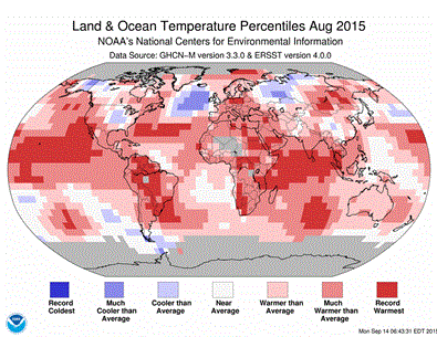 The combined average temperature over global land and ocean surfaces for August 2015. Image credit: National Oceanic and Atmospheric Administration/Department of Commerce.