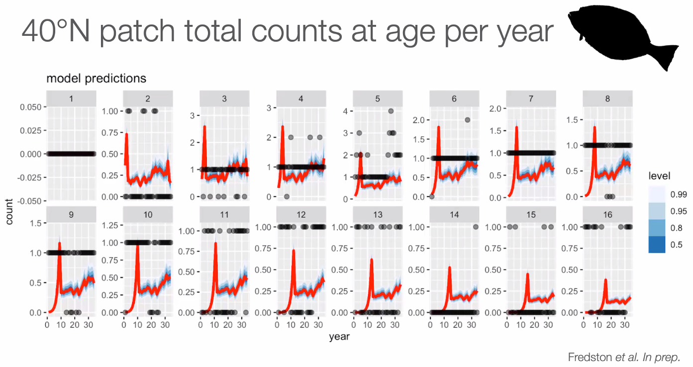 <strong>Figure 2.</strong> Preliminary model results for the summer flounder in a single patch. Each panel represents a different age group of the fish. The black dots are survey records, and red lines are model predictions with blue as the credible interval.