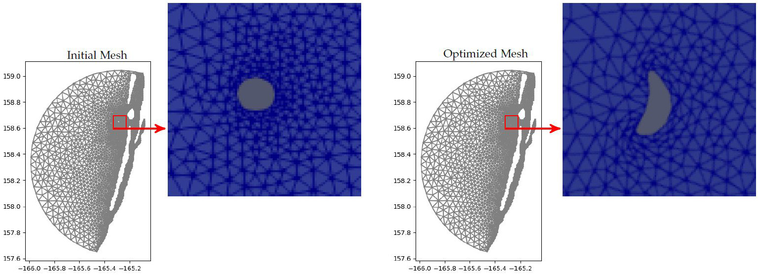<strong>Figure 4.</strong> Initial and optimized mesh and obstacle. Figure courtesy of [6].