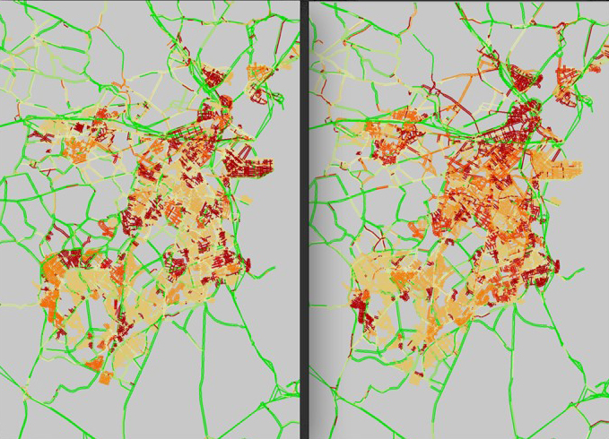 Traffic congestion in Boston in the morning (left) and the afternoon (right). Greener roads are less congested, while redder roads are more congested. Travel time data from the Google Maps API.