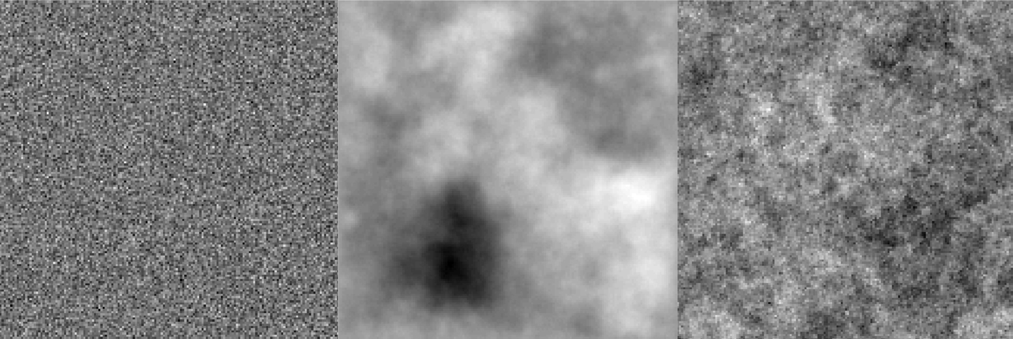 <strong>Figure 2.</strong> Three realizations from three different priors used for the reconstructions in Figure 1. From left to right: white noise prior, second order smoothness prior, and conditionally Gaussian prior with inverse gamma hyperprior. Image credit: Daniela Calvetti.
