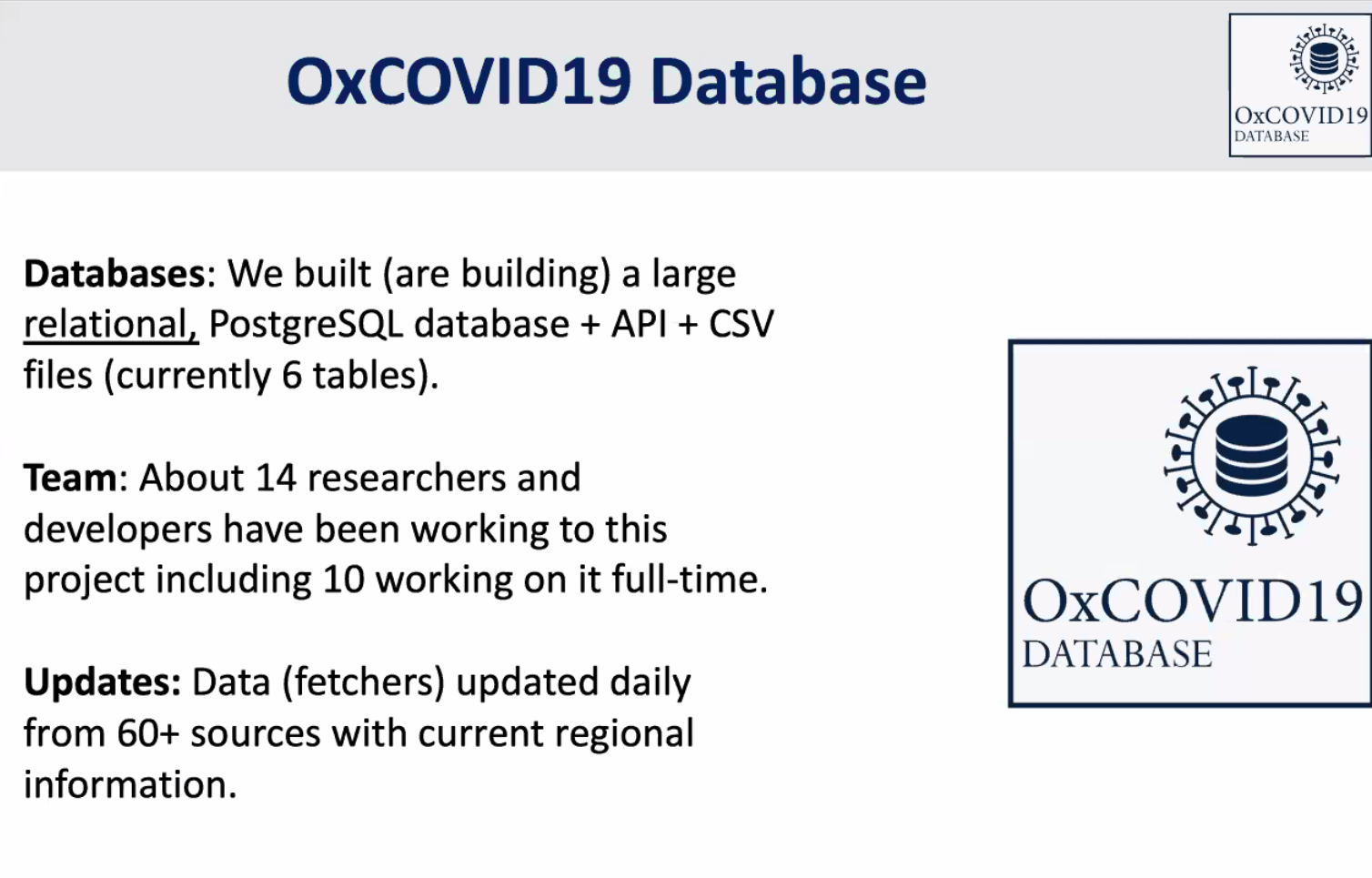 Adam Mahdi described the hard work that went into building the OxCOVID19 Database.