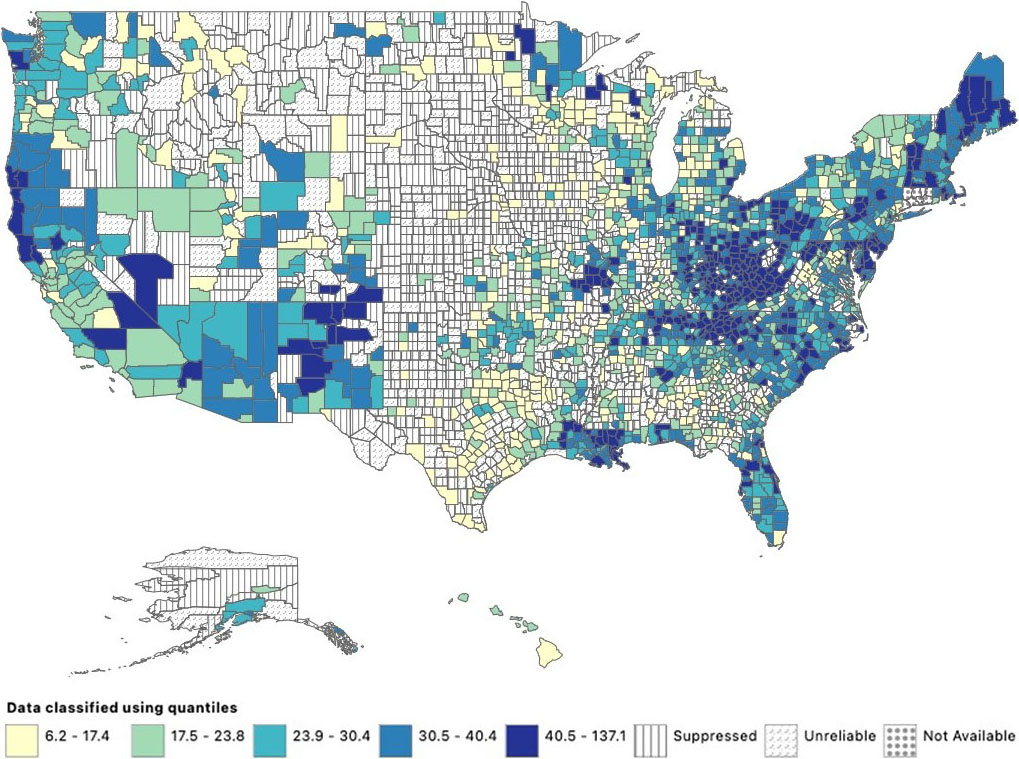 <strong>Figure 1.</strong> Crude rates—defined as the number of drug-induced deaths per county divided by the number of county residents, then multiplied by 100,000—for all drug-related mortality in the U.S. between 2018 and 2022. Figure produced via the Centers for Disease Control and Prevention’s Wide-ranging Online Data for Epidemiologic Research (WONDER) portal.