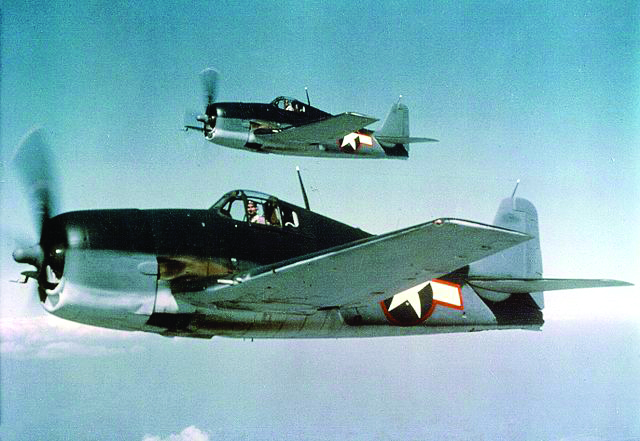 <strong>Figure 1.</strong> Grumman F6F-3 Hellcats in tricolor camouflage. The Grumman F6F Hellcat was developed during World War II. Photo credit: Wikimedia Commons.