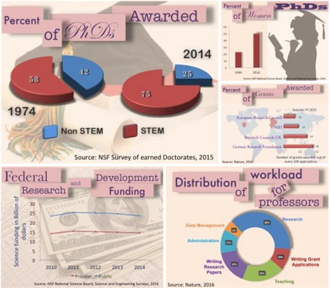 Federal research funding is not keeping pace with the number of graduating Ph.D.s in the United States. This has consequences in terms of new research and innovation and professor workload. All infographics created by Lakshmi Chandrasekaran/Medill based on data sources indicated on individual charts.