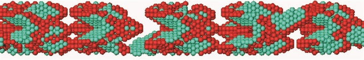 <strong>Figure 1.</strong> Structure of an aluminum nano-wire being stretched. OF–DFT calculations of large systems help illuminate the mechanical properties (here, sliding planes) of materials. See [7] for more details. Figure used with permission of Emily Carter.