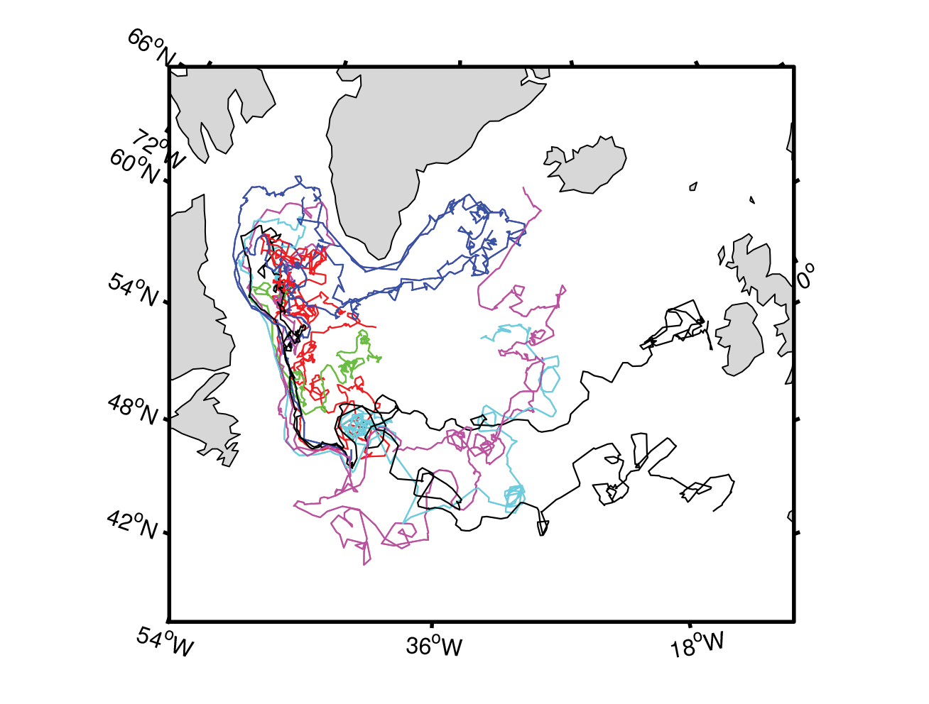 <strong>Figure 2.</strong> Float trajectories starting in the Labrador Sea. Reprinted with permission from J.-L. Thiffeault, Braids of entangled particle trajectories, <em>Chaos, 20</em> (2010), 017516. Copyright 2010, AIP publishing LLC.