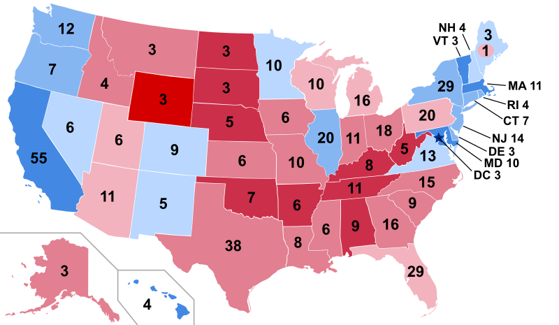 2016 U.S. Presidential Election results by state, shaded according to winning candidate's percentage of the vote. Image courtesy of Wikipedia.