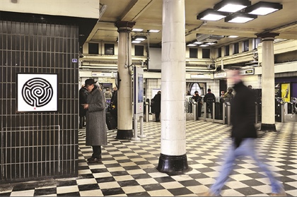 Labyrinth, 2013, one of 270 unique artworks created by the artist Mark Wallinger for installation in the stations of the London Underground to mark its 150th anniversary. © the artist, courtesy Anthony Reynolds Gallery, London. Commissioned by Art on the Underground. Photograph © Thierry Bal.
