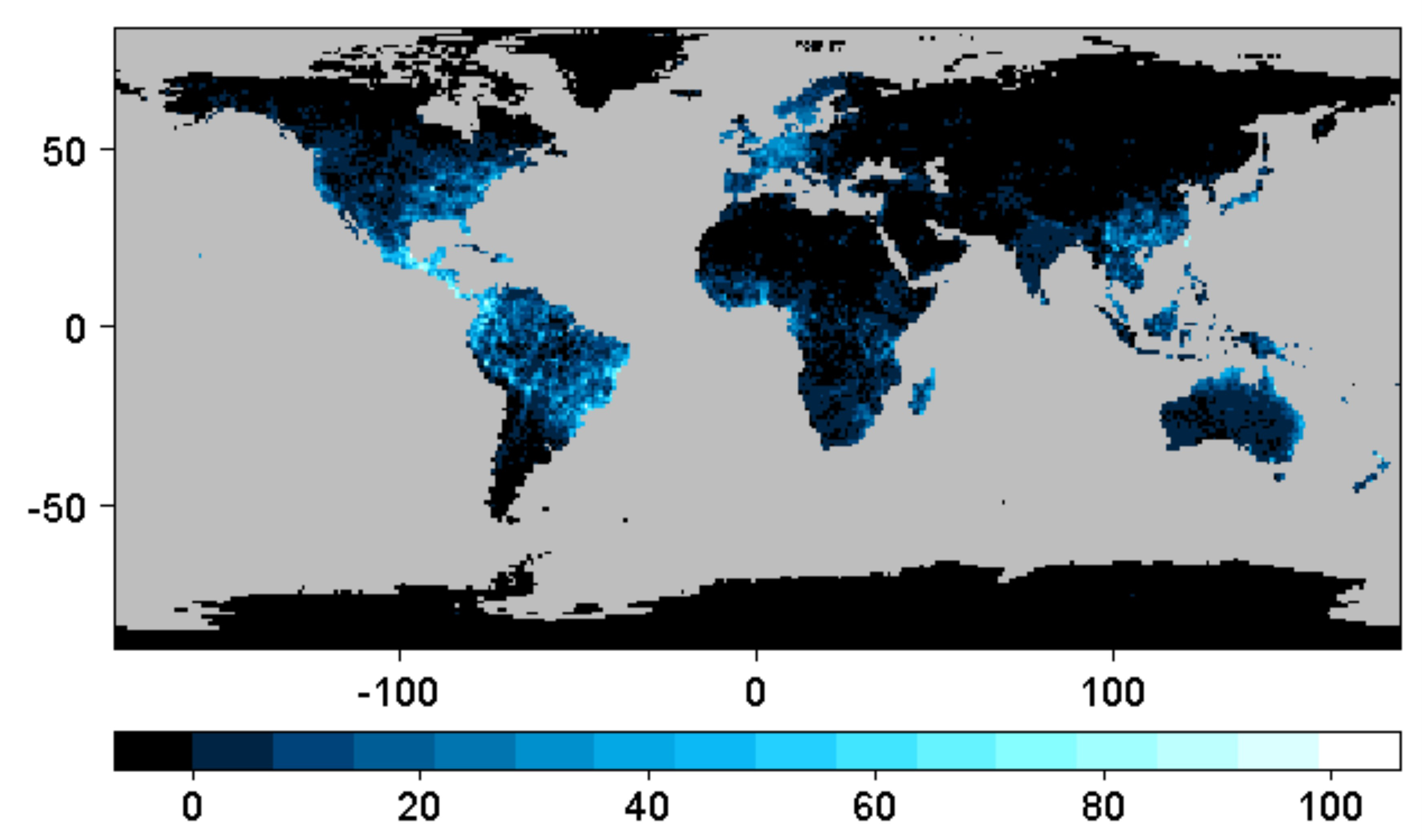 Global host plant genera distribution for where studied ambrosia beetles are most likely to be found. Higher values coincide with higher probability for interaction between plant genera and ambrosia beetles.