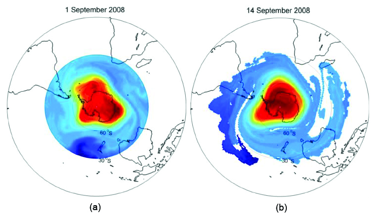 <strong>Figure 5.</strong> Stratospheric flow over the South Pole. The Antarctic polar vortex is the most coherent set in the region over the polar cap and is identified as red in the second singular vector. <strong>5a.</strong> Left singular vector (on September 1, 2008). <strong>5b.</strong> Right singular vector (on September 14, 2008). Figure courtesy of [7].