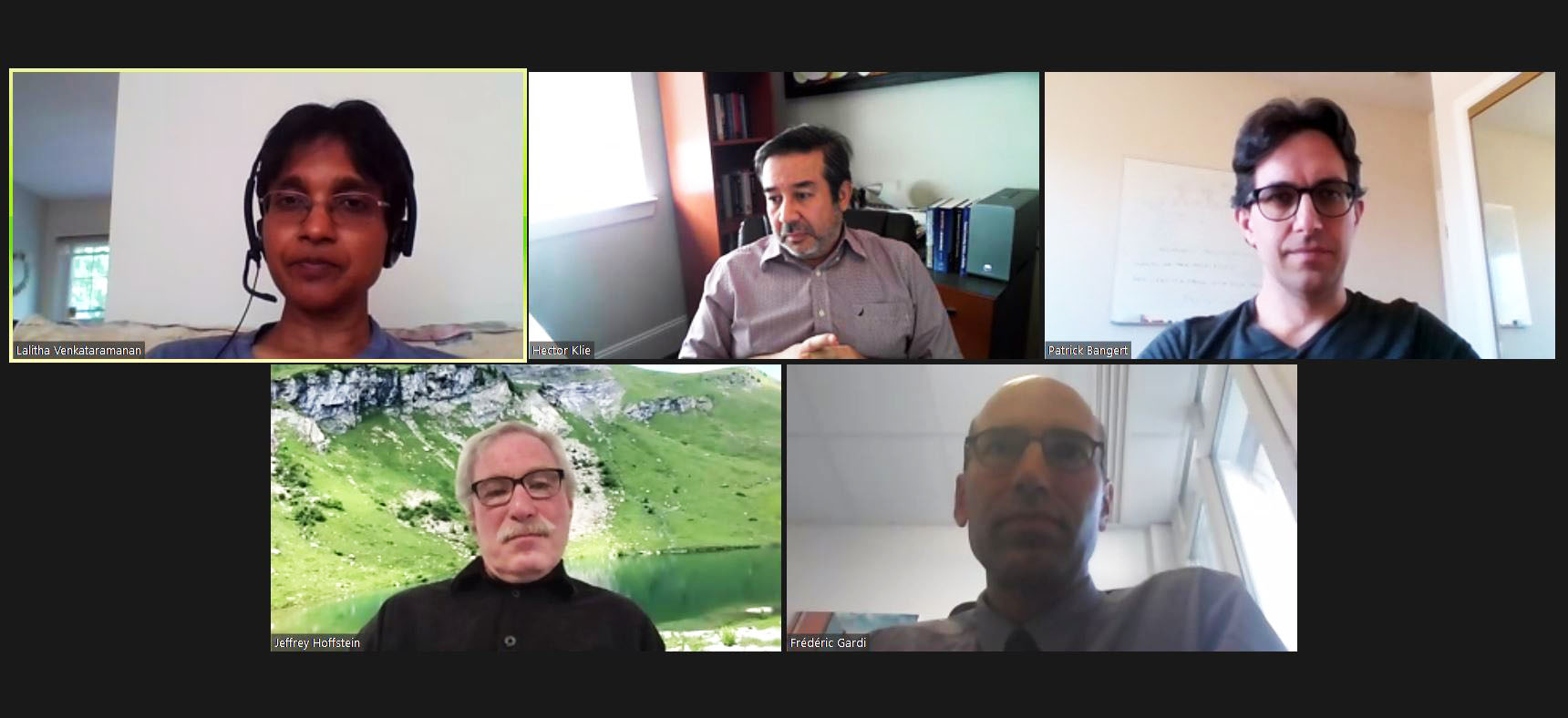 Clockwise from top left: Lalitha Venkataramanan (Schlumberger Doll Research), Hector Klie (DeepCast.ai), Patrick Bangert (Samsung SDS), Frédéric Gardi (LocalSolver), and Jeffrey Hoffstein (Brown University and QuantumSafe) partake in a virtual panel discussion about applied mathematical entrepreneurship during the Second Joint SIAM/CAIMS Annual Meeting.