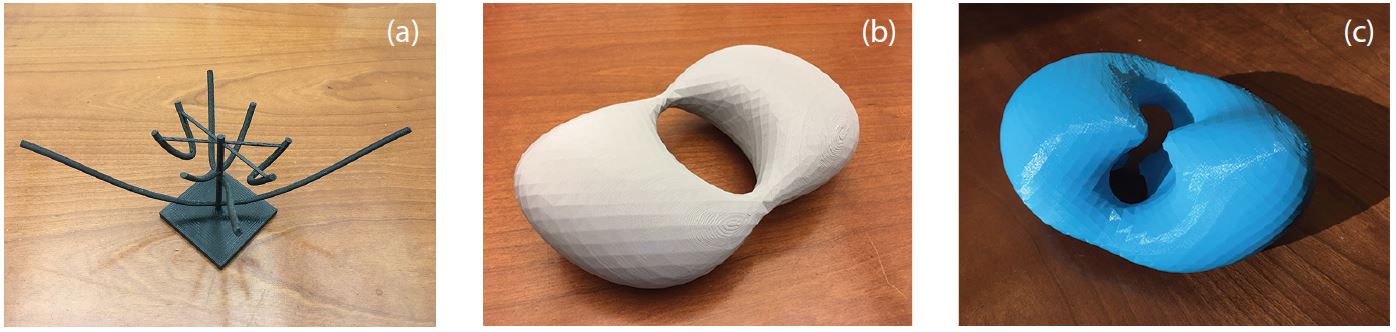 <strong>Figure 3.</strong> Three-dimensional (3D) prints associated with co-existing solutions. <strong>3a.</strong> A printed bifurcation diagram that evolves into numerous branches, some of which are disconnected (and artificially attached to keep their positions in space). <strong>3b</strong> and <strong>3c.</strong> Iso-potentials that correspond to a fixed value of the control parameter.