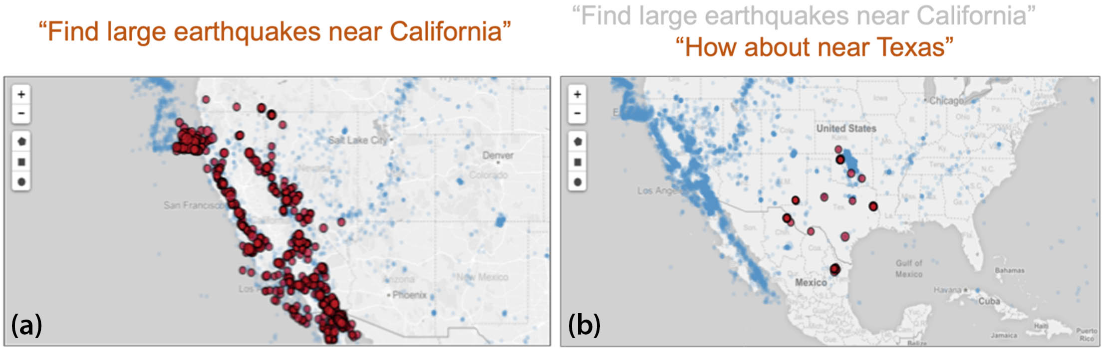<strong>Figure 2.</strong> Eviza’s response to vague queries. <strong>2a.</strong> Eviza’s interface maps large earthquakes near California. <strong>2b.</strong> Eviza maps large earthquakes near Texas. Figure courtesy of [3].
