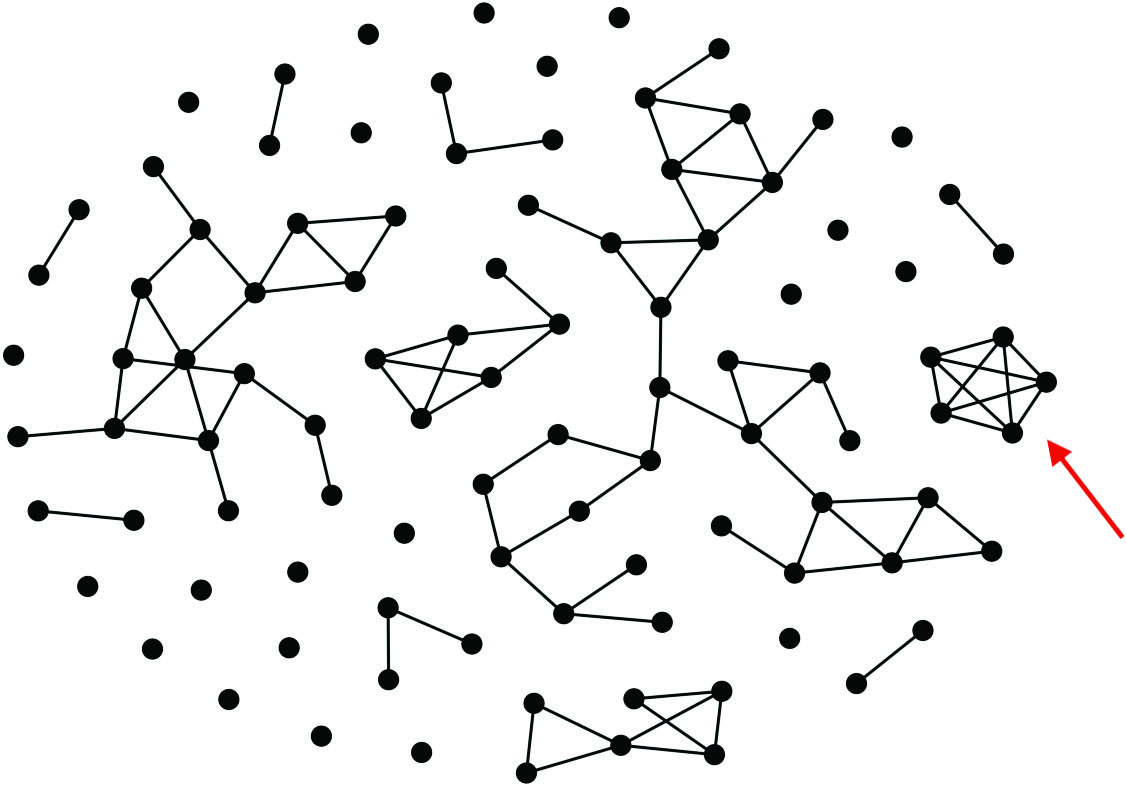 <strong>Figure 4.</strong> Graph of hard conflicts among the minisymposia based on the OpenAI embeddings. Each edge represents a topical overlap, meaning that the minisymposia in question should not occur at the same time. These minisymposia were often thematically consistent; for instance, the fully connected group of nodes on the right (marked by the red arrow) represents sessions about topology and data. Figure courtesy of the authors.