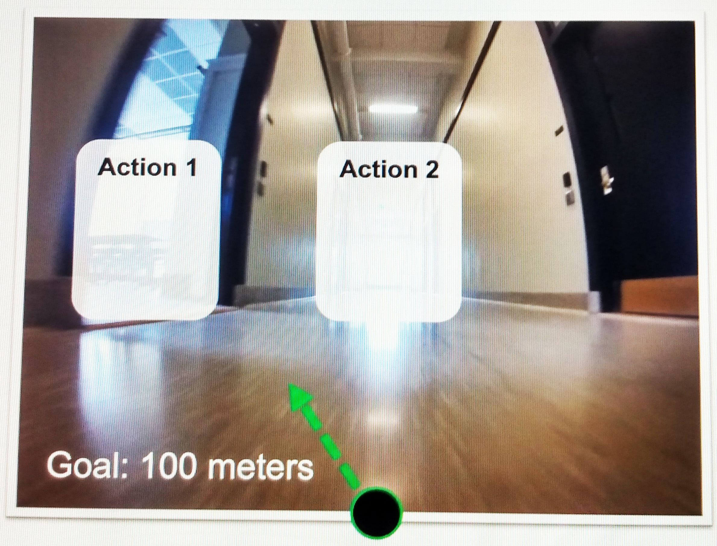 <strong>Figure 3.</strong> Representation of a scenario in which one must select a symbolic action to reach a goal that is 100 meters away.