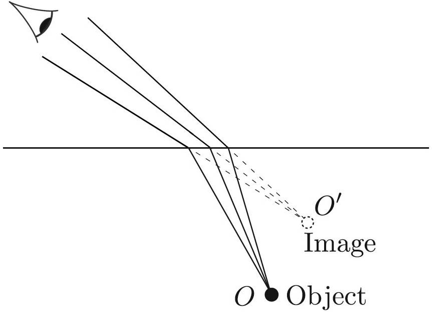 <strong>Figure 1.</strong> The image of the object is the point from which the rays that reach the eye seem to emanate, at least to the leading order of accuracy. In reality, each dotted line is tangent to a caustic (see Figure 4) and it only looks like they come out of one point.