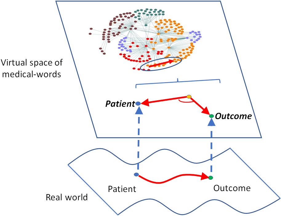 <strong>Figure 1.</strong> Virtual space of medical words. The real-world data of chronic kidney disease (CKD) patients are connected to the virtual space of medical words via the natural transformation of category theory. Figure courtesy of the author.