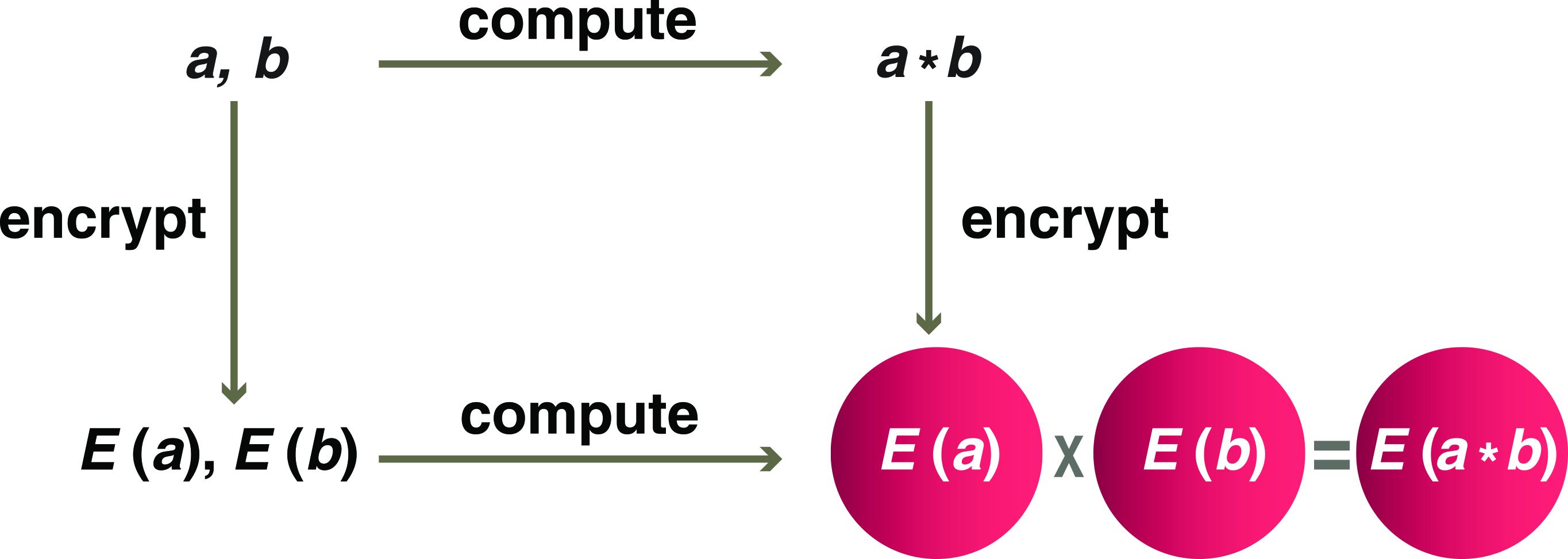 <strong>Figure 1.</strong> Diagram of homomorphic encryption. If one begins with two pieces of data \(a\) and \(b\), the outcome is the same when following the arrows in either direction: across and then down (compute, then encrypt) or down and then across (encrypt, then compute). Figure courtesy of SIAM.