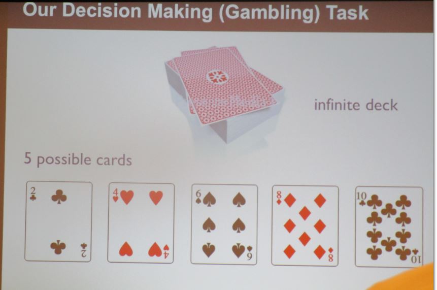 Sarma designed a gambling-based cognitive trial where participants played a modified version of the card game "War," with an infinite deck of only five possible cards. Image courtesy of Sridevi Sarma.