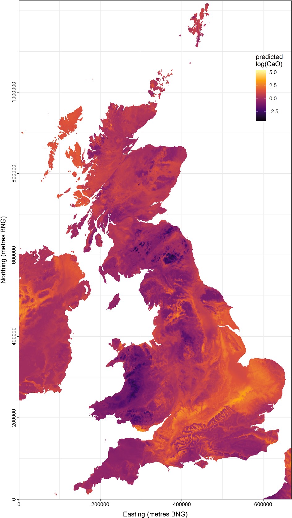 <strong>Figure 2.</strong> Calcium concentrations that were interpolated from stream sediment geochemistry observations across the U.K. via our Bayesian deep learning approach, which uses computer vision to uncover calcium concentrations’ relations to the landscape itself (as represented by gridded terrain elevation data). The map depicts the mean of our deep neural network’s predictive distribution, which has captured complex relationships between terrain features and calcium concentrations. Figure courtesy of [7].