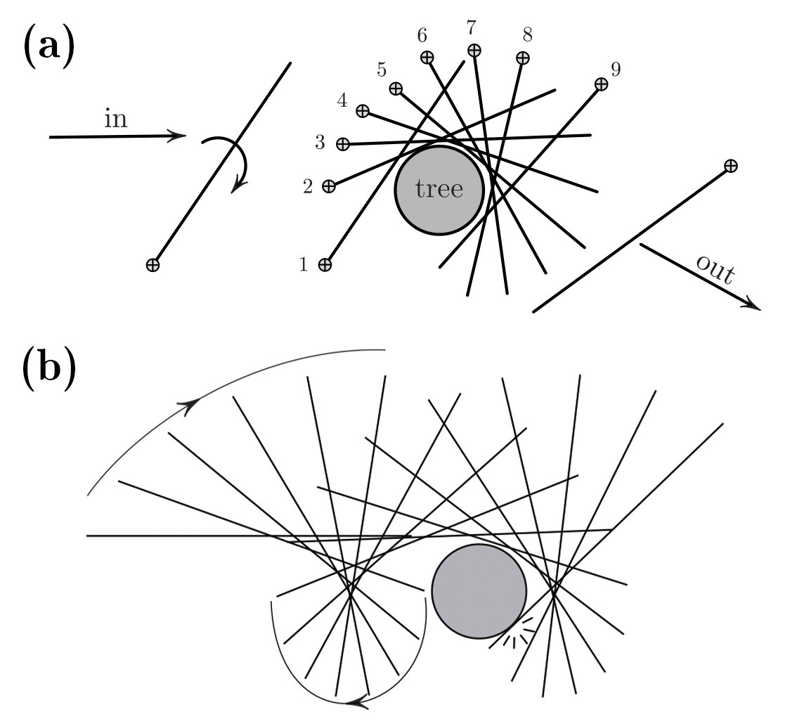 <strong>Figure 1a.</strong> The tree seemed to have pulled the stick, diverting its path as shown. This picture is a bit misleading: the stick cannot remain in prolonged contact with the tree, as explained later (compare with 1b). <strong>1b.</strong> No collisions happened before the one shown. These are a schematic figures and not results of a computation.