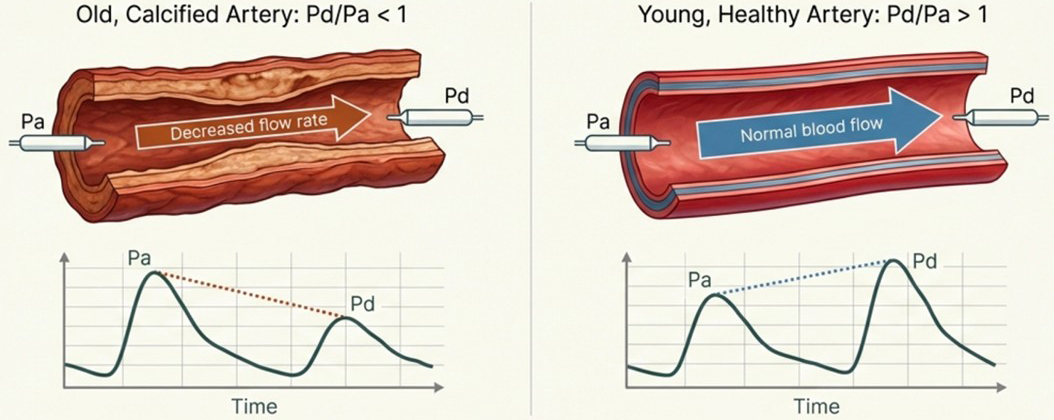 <strong>Figure 1.</strong> Medial arterial calcification alters blood flow, reducing the systolic pressure at the outlet \((Pd)\) relative to the inlet \((Pa).\) In a heathy artery, the outlet systolic pressure can be the same or exceed that of the inlet. Figure adapted from [3].