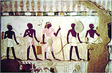 <strong>Figure 1.</strong> An Egyptian surveyor set out with ropes and rods to measure land area.