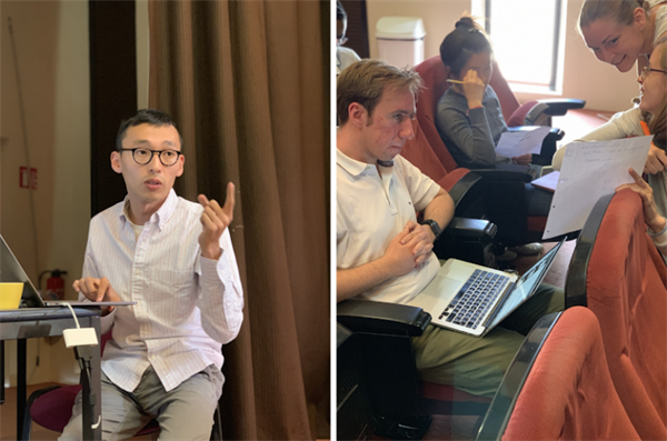 Left: Nurbek Tazhimbetov (Stanford University, USA) explaining his solution during one of the lab sessions. Right: Group of students discussing during a lab session. From the left: Tim Werthmann (Aachen University, Germany), Ruhui Jin (University of Texas at Austin, USA), Anna Rörich (University of Stuttgart, Germany), and Carla Schenker (Simula Metropolitan Center for Digital Engineering, Norway). Photo credits: Richard Vuduc.