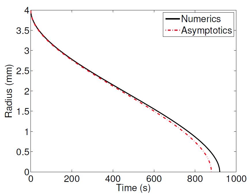 Comparison of the drying front determined via asymptotic analysis and the numerical solution of the isothermal multiphase model.