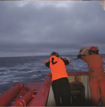 Shuckburgh and her colleagues released floats in the Southern Ocean near the estimated hyperbolic points of the flow, and then tracked their paths. “We literally threw them over the back” of the ship, Shuckburgh said at the 2012 SIAM Annual Meeting in Minneapolis. “It was good fun.” Photo courtesy of Emily Shuckburgh, British Antarctic Survey, Natural Environment Research Council.
