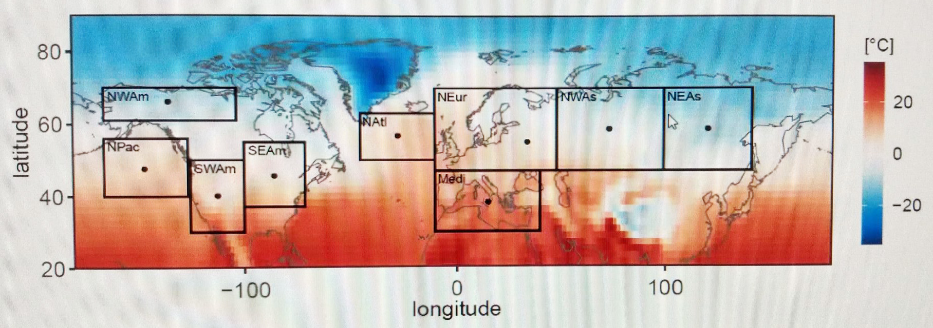 <strong>Figure 1.</strong> The nine different regions in the Northern Hemisphere for the MPI-ESM-LR Earth system model.