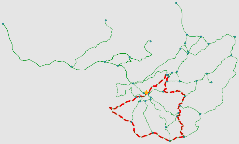 <strong>Figure 2.</strong> A feasible route that starts and ends at the starred node (a bamboo house) in the graph of trails. Figure courtesy of Nicolas Betancourt.