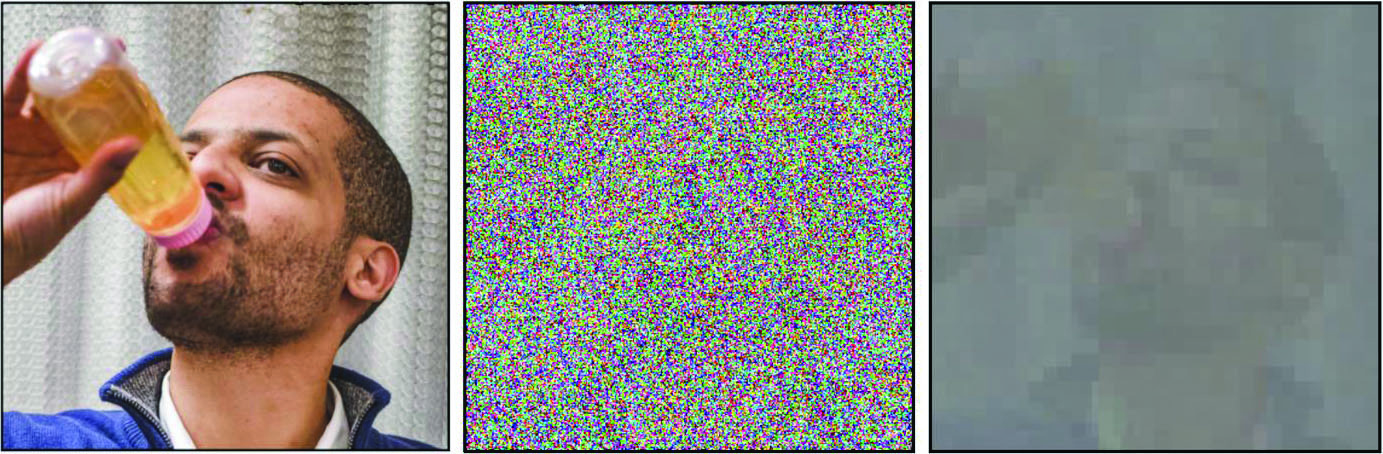 <strong>Figure 1.</strong> Simply adding noise to data does not necessarily remove content. Here, the original image <strong>(1a)</strong> is strongly perturbed <strong>(1b)</strong>, but a wavelet-based denoiser reveals the preservation of low-frequency content <strong>(1c)</strong>. Figure courtesy of Jelani Nelson.