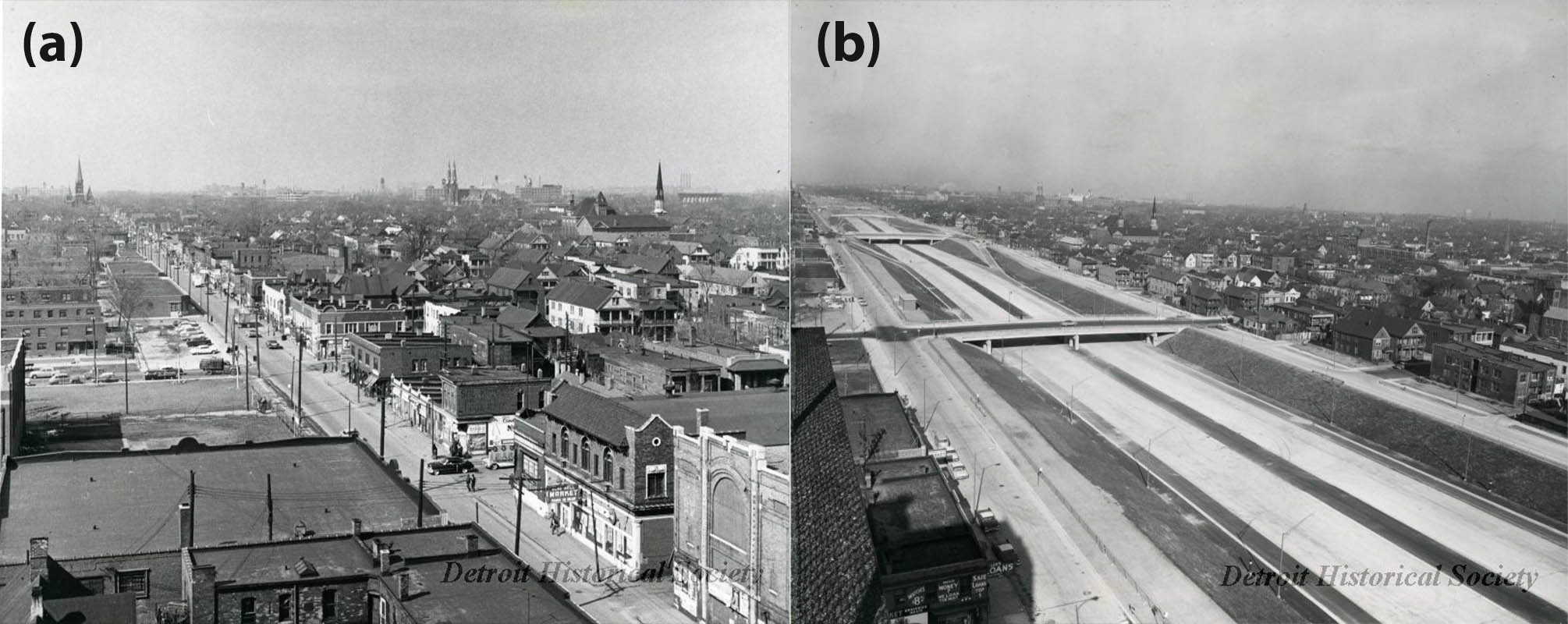 <strong>Figure 1.</strong> The view from the same vantage point in Detroit before and after the construction of a highway through the <a href="https://detroithistorical.org/learn/encyclopedia-of-detroit/black-bottom-neighborhood" rel="noopener noreferrer" target="_blank">Black Bottom neighborhood.</a> <strong>1a.</strong> An aerial view along Hastings Street looking north from the Brewster-Douglass Housing Projects in 1959. <strong>1b.</strong> An aerial view along the Chrysler Freeway looking north from the Brewster-Douglass Housing Projects in 1961. Figure courtesy of the Detroit Historical Society (<a href="https://detroithistorical.pastperfectonline.com/photo/30AA4D2C-D7C2-40CE-A9FD-484613993923 " rel="noopener noreferrer" target="_blank">1a</a>, <a href="https://detroithistorical.pastperfectonline.com/photo/984891DC-0A3A-4763-B3B7-462580187112" rel="noopener noreferrer" target="_blank">1b</a>).