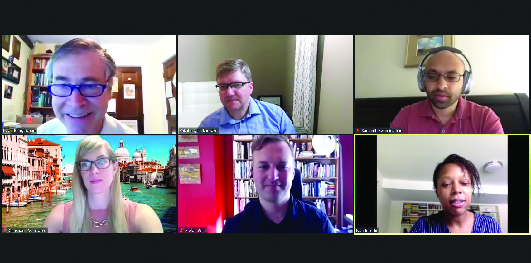 Clockwise from top left: Kevin Bongiovanni (Raytheon Tecnologies), Vakhtang Putkaradze (ATCO Ltd.), Sumanth Swaminathan (Vironix Health), Nandi Leslie (Raytheon), Stefan Wild (Argonne National Laboratory), and Christiana Manzocco (Analythium.io and Alberta Enterprise Corporation) participate in a virtual panel discussion about mathematics careers in industry at the Second Joint SIAM/CAIMS Annual Meeting, which took place in July.