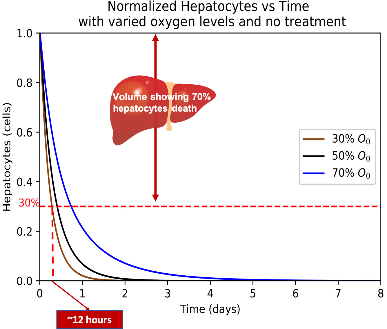 <strong>Figure 3.</strong> Hepatocyte death with varied oxygen levels with no treatment.