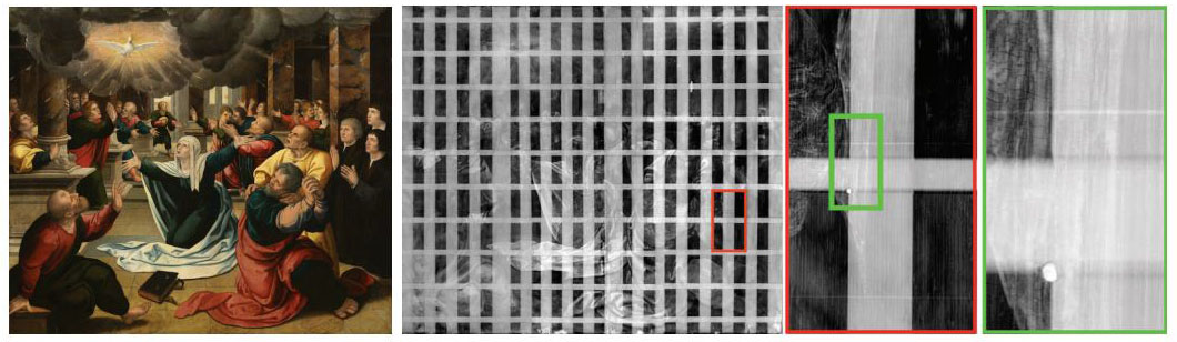 <strong>Figure 1.</strong> Van Orley’s <em>The Pentecost</em> (1525). Left: visual photograph. Middle: X-ray image dominated by the cradle structure. Right: The boxes show successive zoom-ins on a small region, illustrating the presence of the wood grain in the X-ray. Image courtesy of source article.