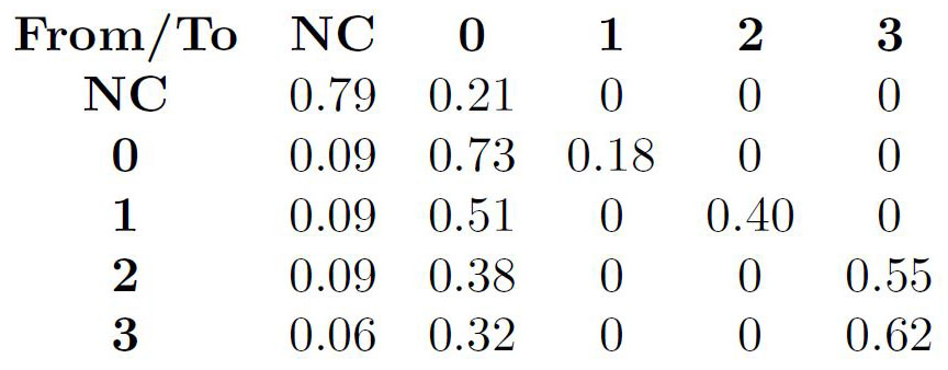 <strong>Figure 1.</strong> A stationary transition matrix based on the model by Jarl Kallberg and Anthony Saunders.