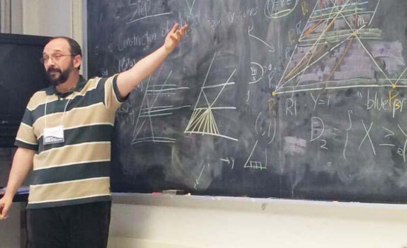 Gheorghe Craciun discusses his construction of zero-separating surfaces, which are hypersurfaces in the positive orthant that play a key role in his proof of the Global Attractor Conjecture. Photo credit: Nida Kazi Obatake.