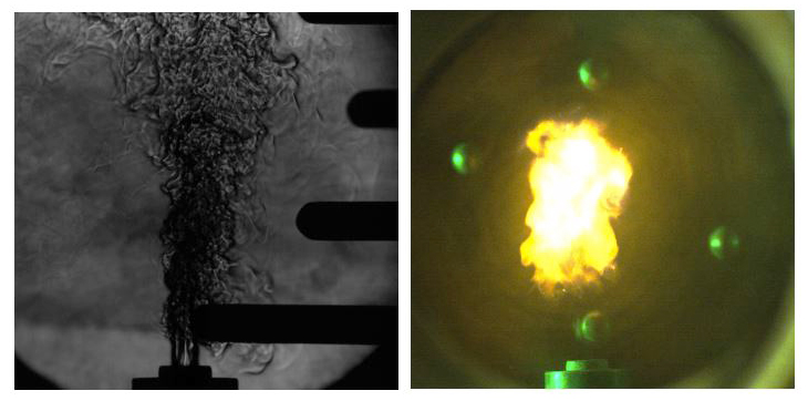 The hydrodynamic structure of a free round turbulent jet of fuel (ethanol/water mixture) and oxidizer (air), injected into an ambient of supercritical water at rest (left) and at the instance of the hydrothermal flame's spontaneous autoignition (right). The images were taken in the high-pressure combustion laboratory at NASA’s Glenn Research Center in Cleveland, Ohio.
