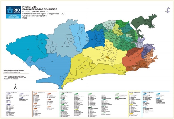 Rio de Janeiro divided into neighborhoods (numbered) and administrative regions (colored).
