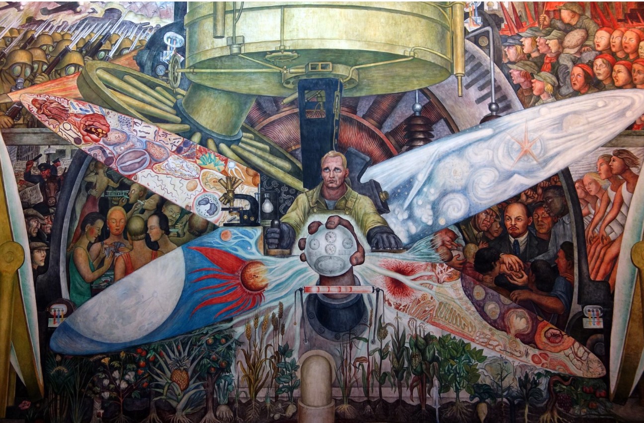 <strong>Figure 1.</strong> A section of “Man, Controller of the Universe” by Diego Rivera. Powered by the scientific conquest of the celestial and micro-biological scales, a worker steers the fate of humanity with an enormous machine. Figure courtesy of <a href="https://en.wikipedia.org/wiki/File:Mural._El_hombre_en_el_cruce_de_caminos._Diego_rivera_(1934).JPG" target="_blank"> AAP86/Wikimedia Commons</a> and shared via the <a href="https://creativecommons.org/licenses/by-sa/3.0/deed.en" target="_blank"> Creative Commons Attribution-ShareAlike 3.0 Unported license</a>.