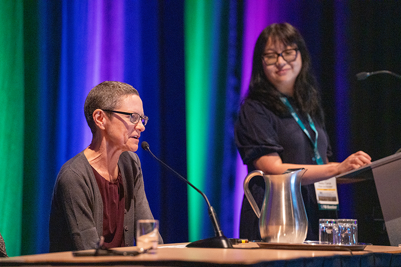 During a panel session about careers in industry, government, and the national laboratories at the Third Joint SIAM/CAIMS Annual Meetings—which took place this summer in Montréal, Québec, Canada—Helen Moore of the University of Florida’s Laboratory for Systems Medicine (left) discusses her career trajectory in biopharmaceuticals while moderator and SIAM Vice President for Industry Nessy Tania of Pfizer looks on. SIAM photo.