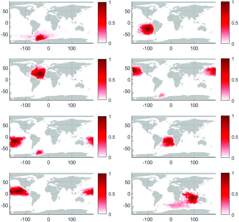 <strong>Figure 3.</strong> The application of sparse eigenbasis approximation (SEBA) to the leading eight eigenfunctions of the dynamic Laplacian in order to construct eight sparse SEBA vectors. Beginning in January 2011, each SEBA vector is supported in an individual coherent region of the deep ocean and remains coherent under ocean currents at a depth of 1,000 meters over a six-year duration (from 2011 to 2017). Figure courtesy of [1].