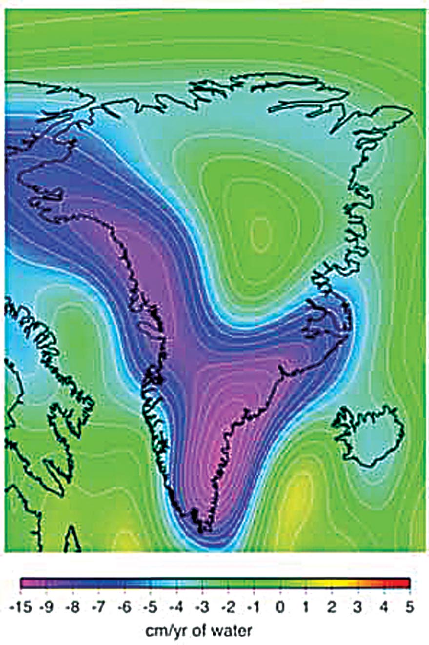 <strong>Figure 3.</strong> Distribution of mass loss rate across Greenland, as determined from the GRACE solutions.
