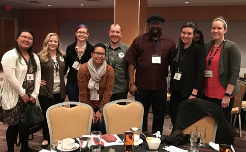 Discussing random numbers over dinner at the National Association of Mathematics banquet at the Joint Math Meetings. Image credit: Jessica Deters